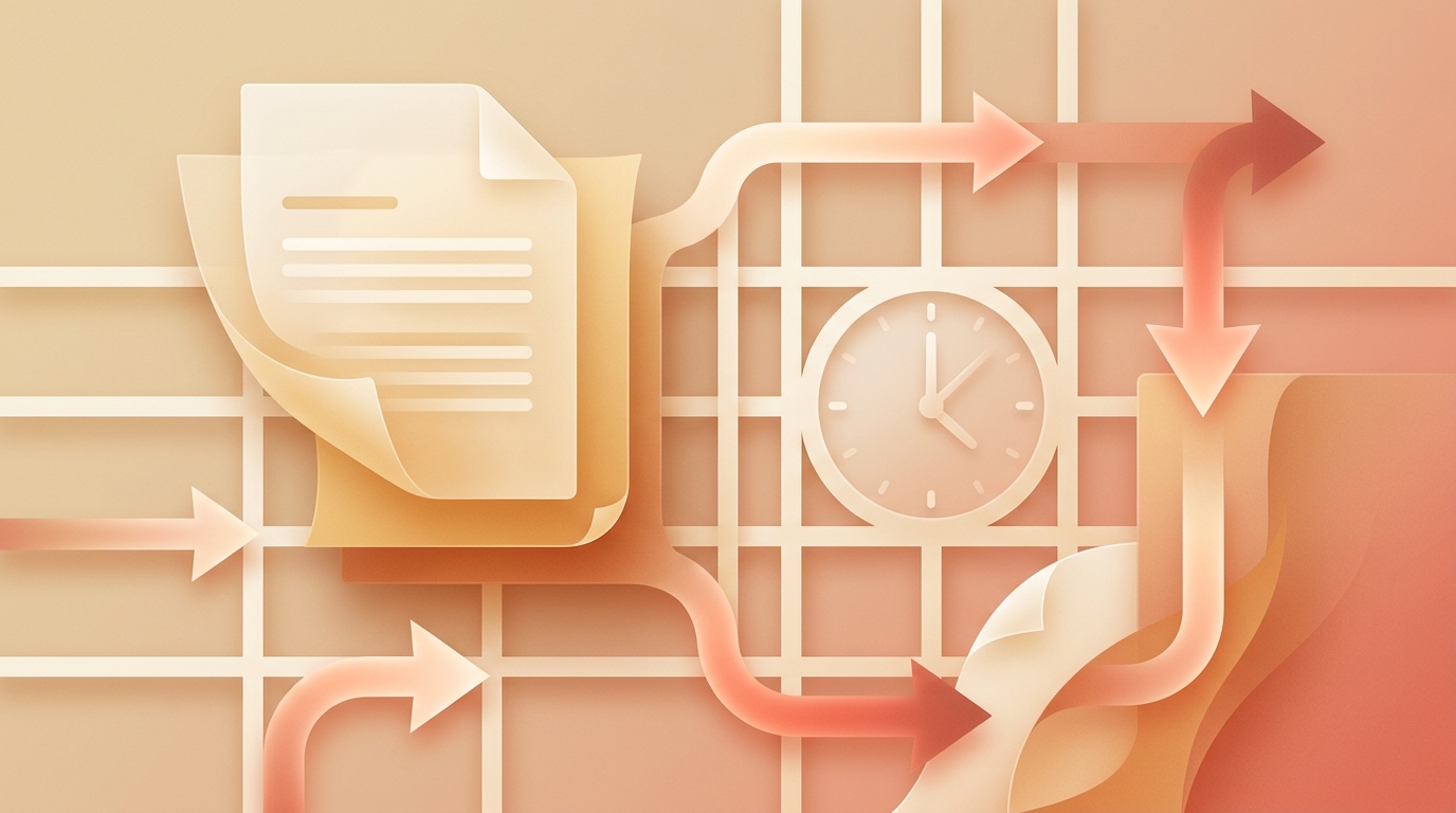 Abstract warm-toned geometric composition representing workplace productivity with document shapes and workflow patterns