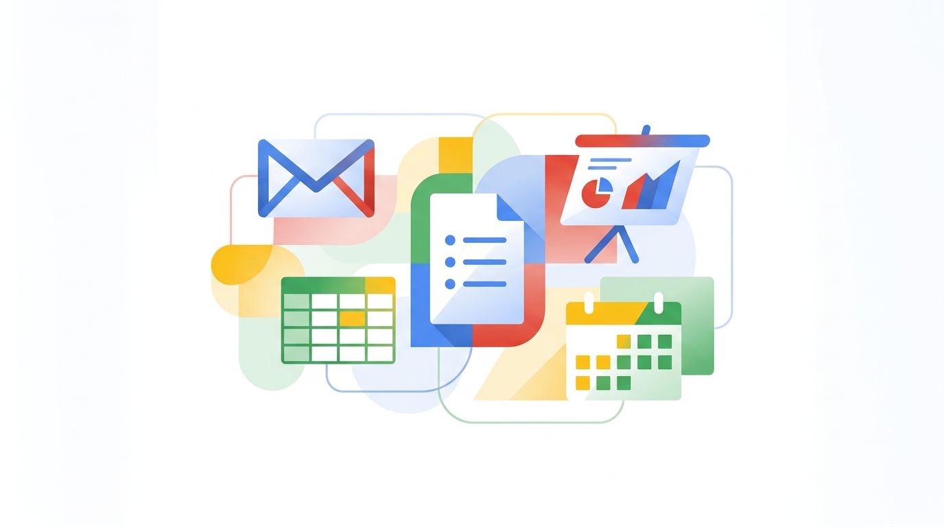 Google-inspired abstract workspace visualization with productivity icons