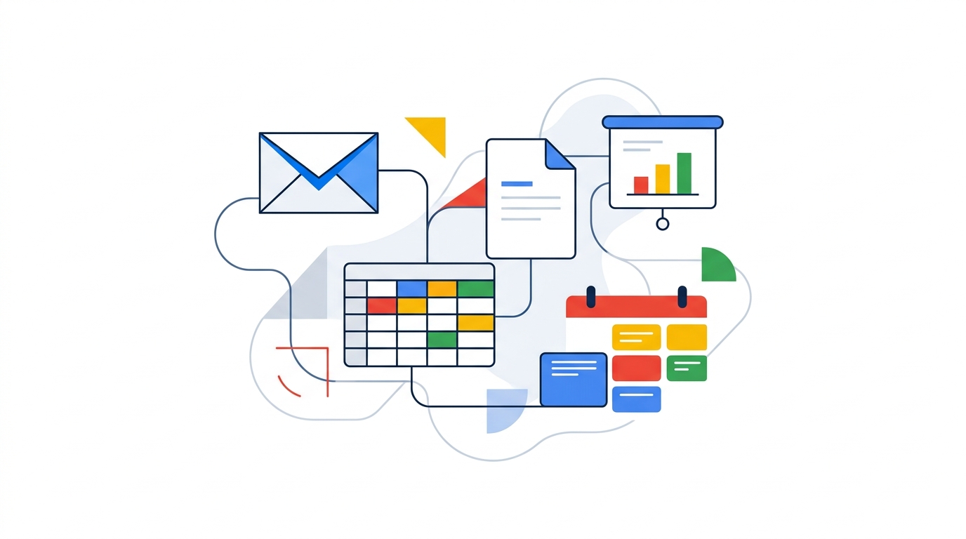 Google-inspired abstract workspace visualization with productivity icons