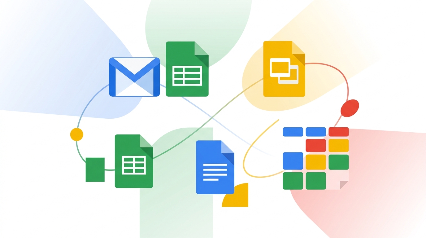 Google-inspired abstract workspace visualization with productivity icons