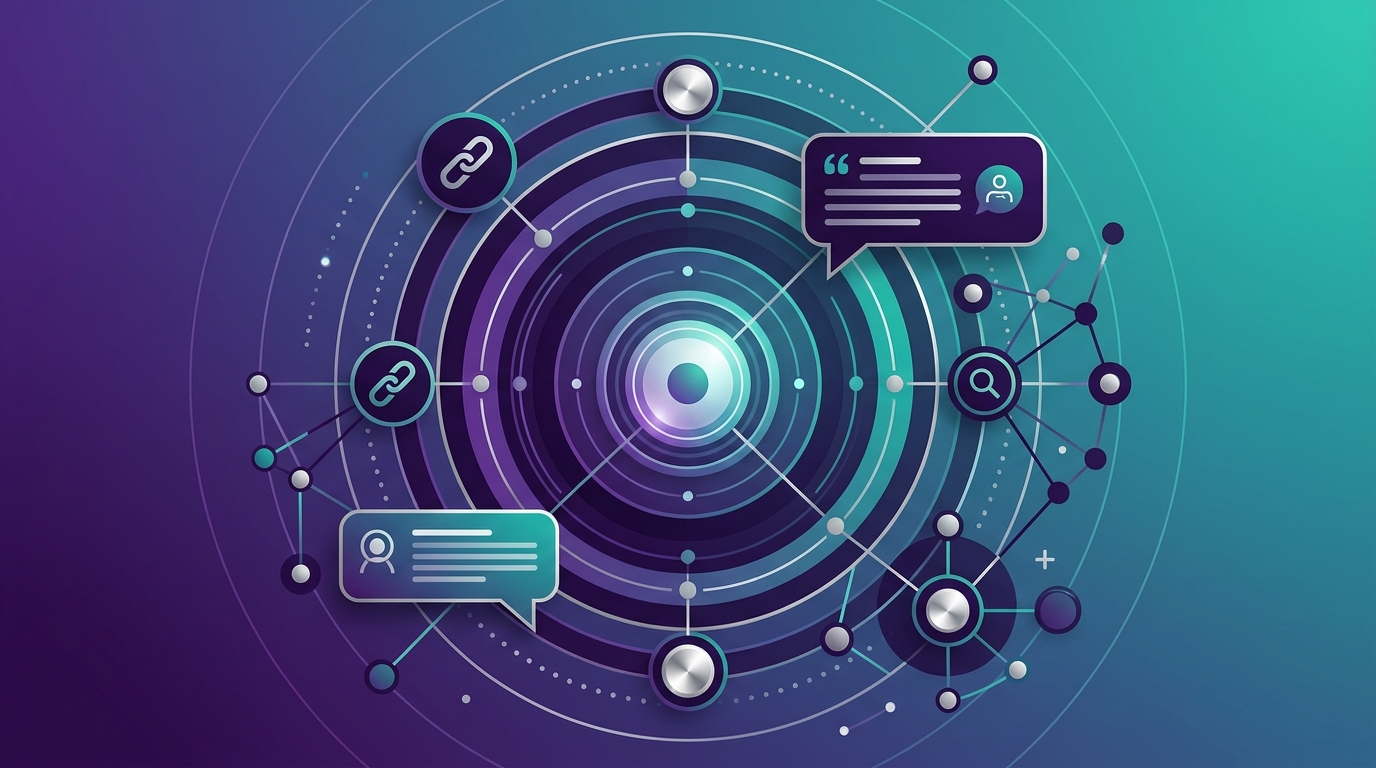 Deep purple and teal abstract visualization of AI-powered search and knowledge discovery