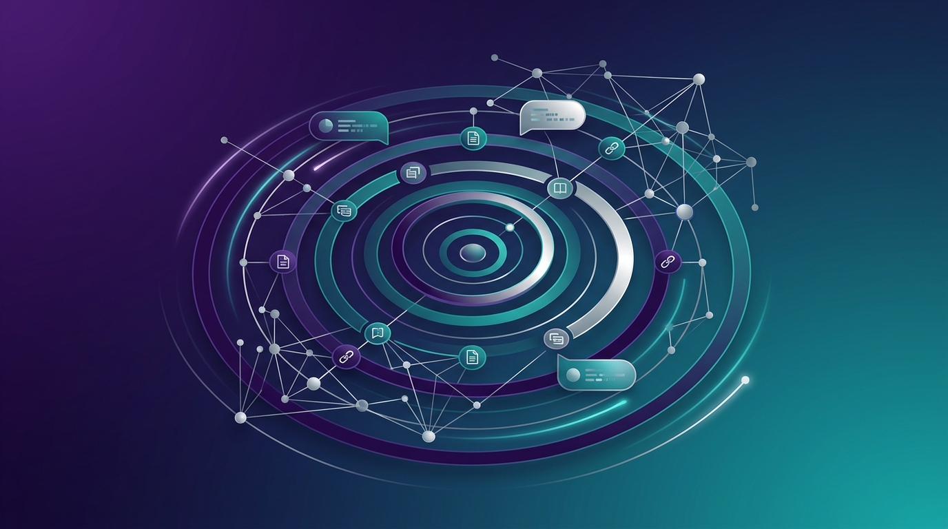 Deep purple and teal abstract visualization of AI-powered search and knowledge discovery