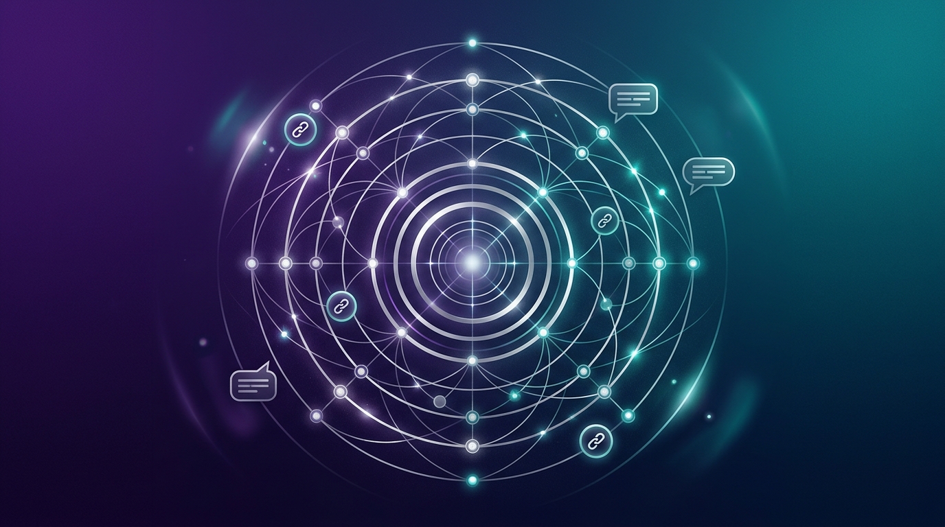 Deep purple and teal abstract visualization of AI-powered search and knowledge discovery