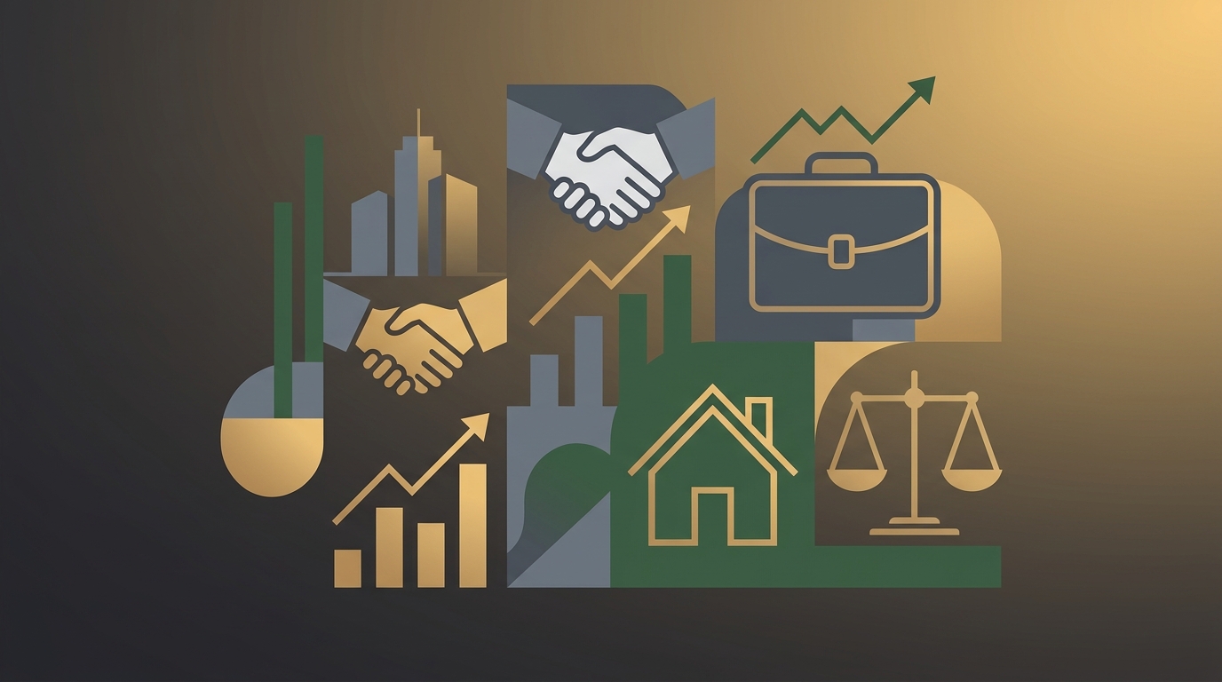 Warm gold and slate gray abstract visualization of professional business and real estate symbols