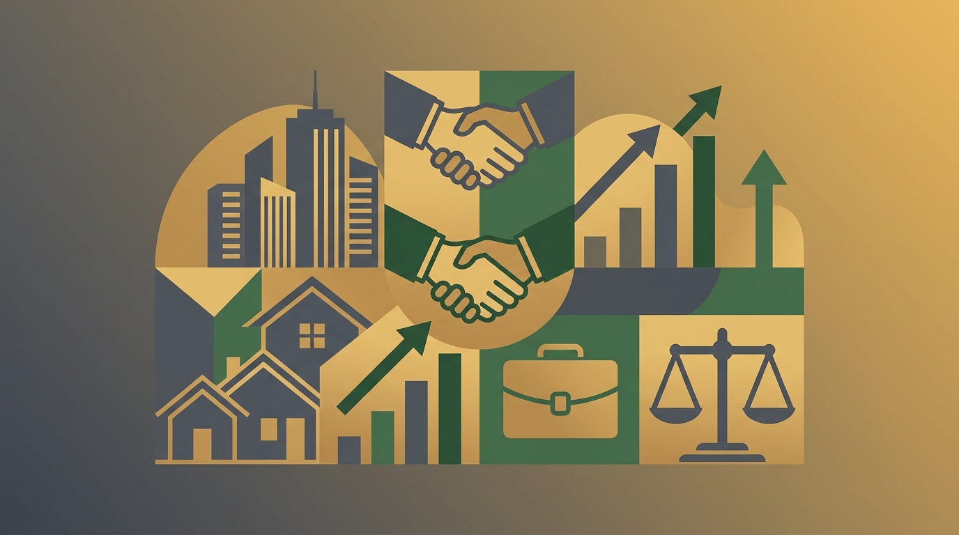 Warm gold and slate gray abstract visualization of professional business and real estate symbols