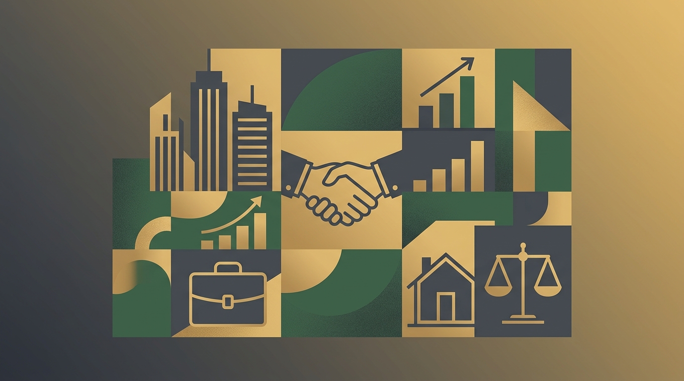 Warm gold and slate gray abstract visualization of professional business and real estate symbols