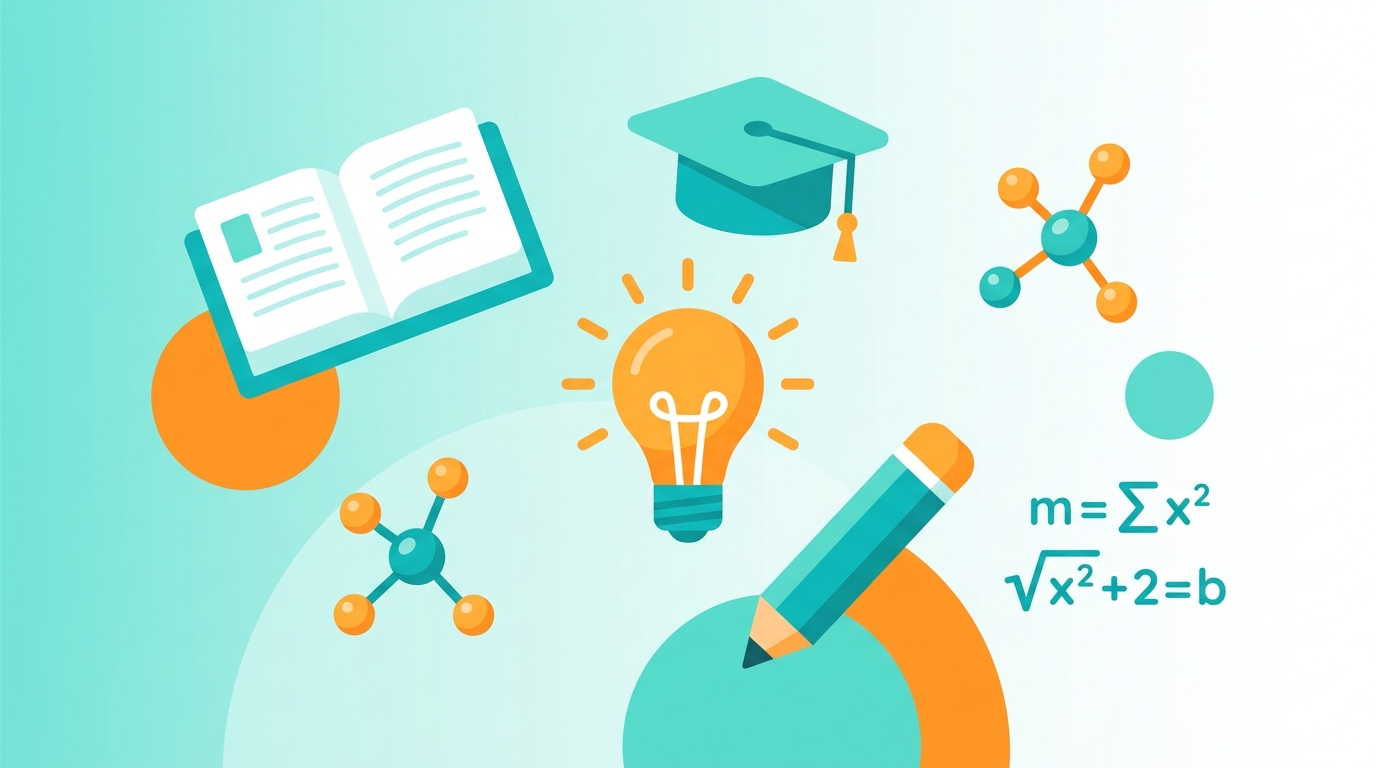 Bright teal education visualization with books lightbulbs and learning icons
