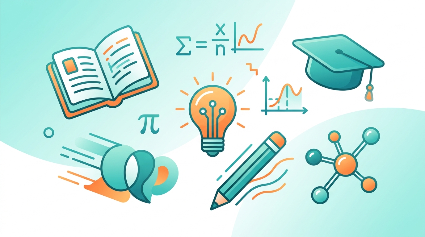 Bright teal education visualization with books lightbulbs and learning icons
