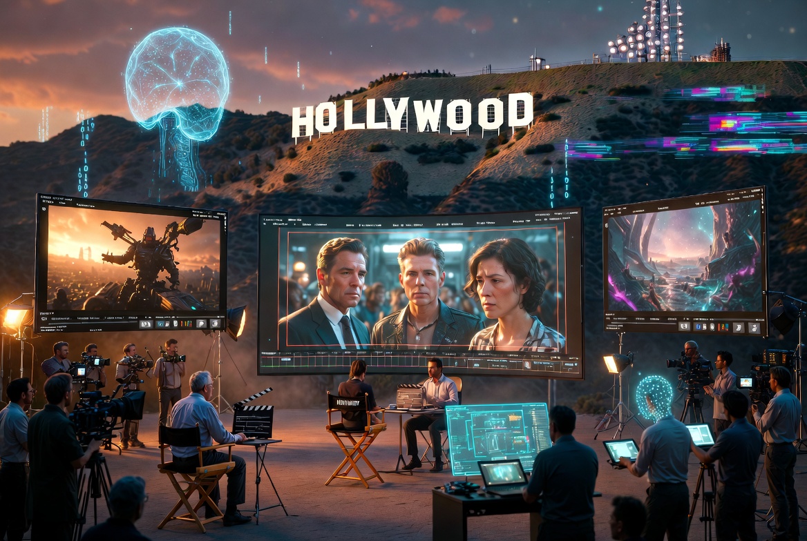 Film crew with cameras under the Hollywood sign, gathered around large monitors displaying AI-generated video — three actors in a scene, a sci-fi robot, and a fantastical landscape — with a holographic brain visualization above the production set, illustrating AI's role in film production in 2026