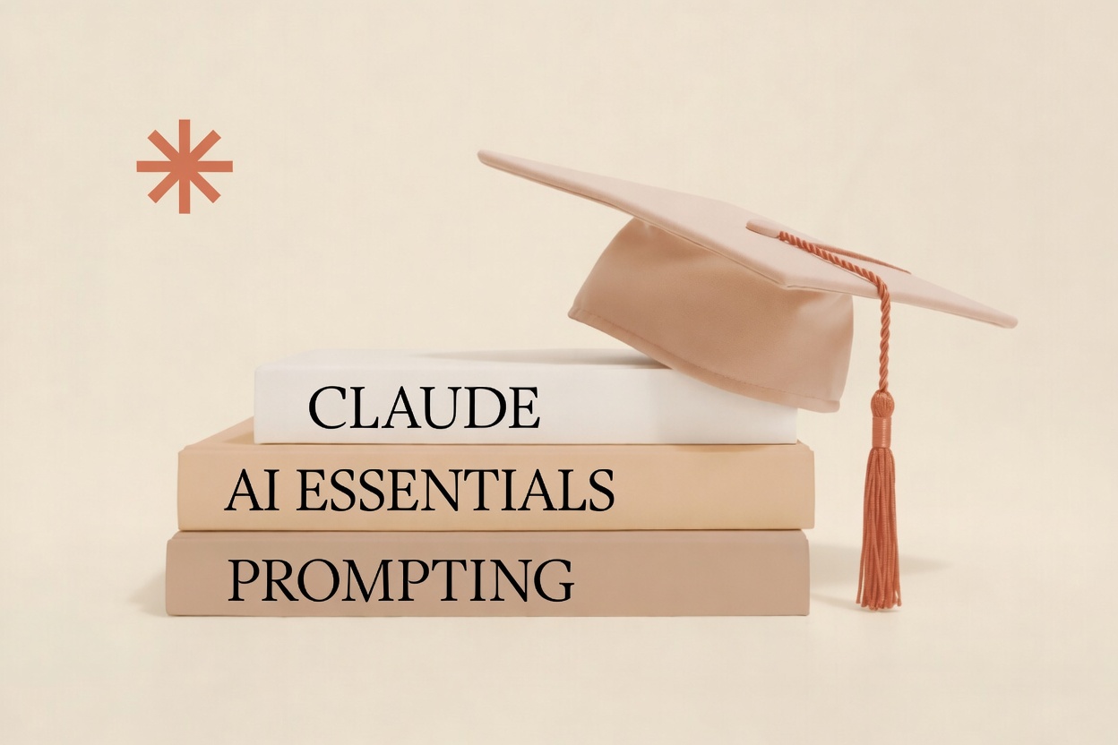 Stack of three cream-and-tan textbooks labeled CLAUDE, AI ESSENTIALS, and PROMPTING with a graduation cap and coral tassel resting on top, alongside Anthropic's coral asterisk mark