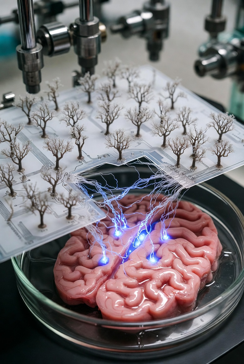 Brain-machine interface concept image illustrating neural connections and electronic interfaces, sourced from the Beginners in AI newsletter brain cells coverage.
