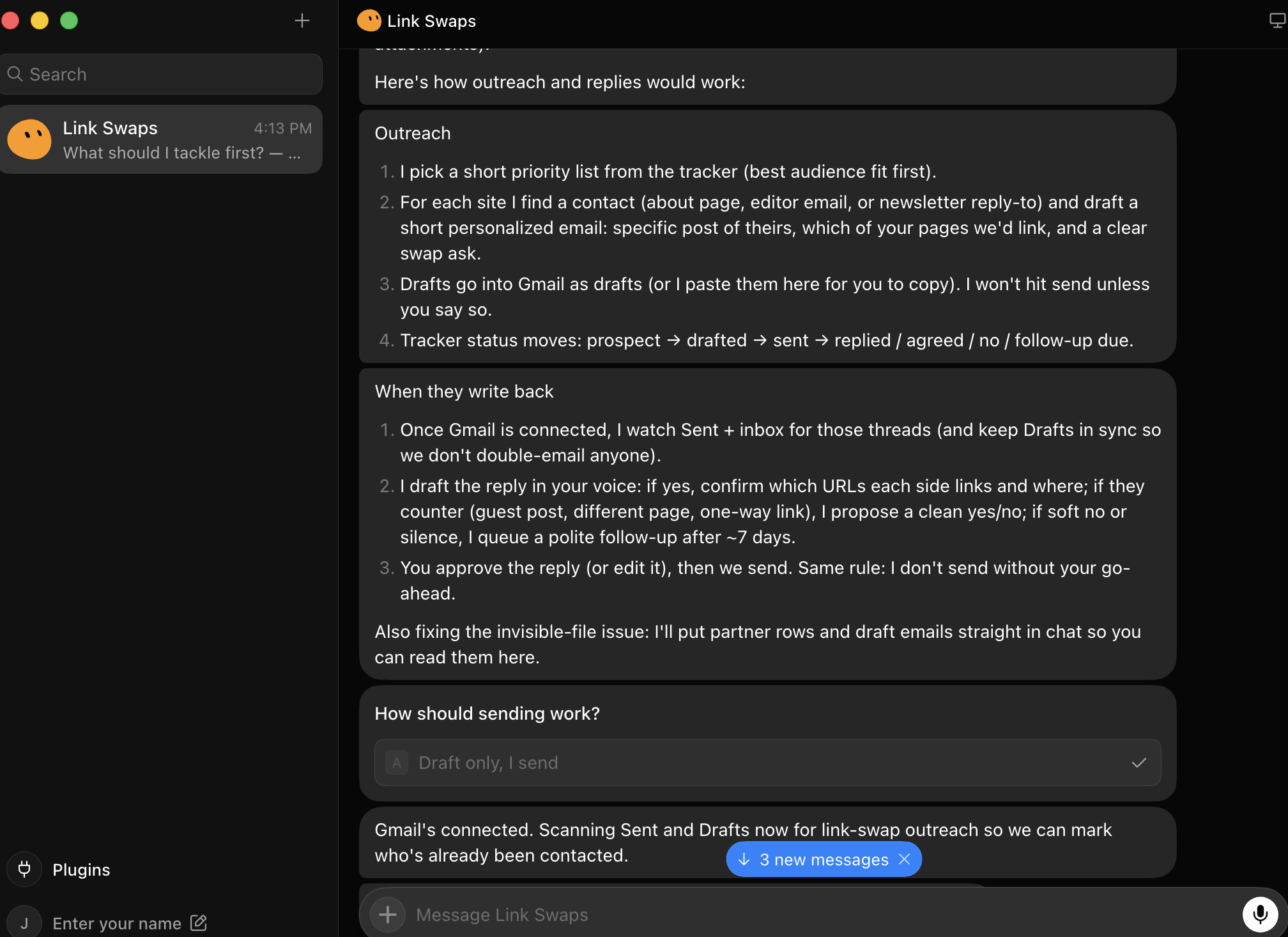 Grok Bot Link Swaps agent describing its outreach loop, admitting the invisible file issue, and confirming draft only mode