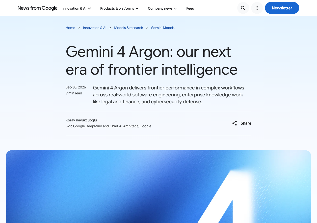 Google's Gemini 4 Argon announcement by Koray Kavukcuoglu, September 30, 2026
