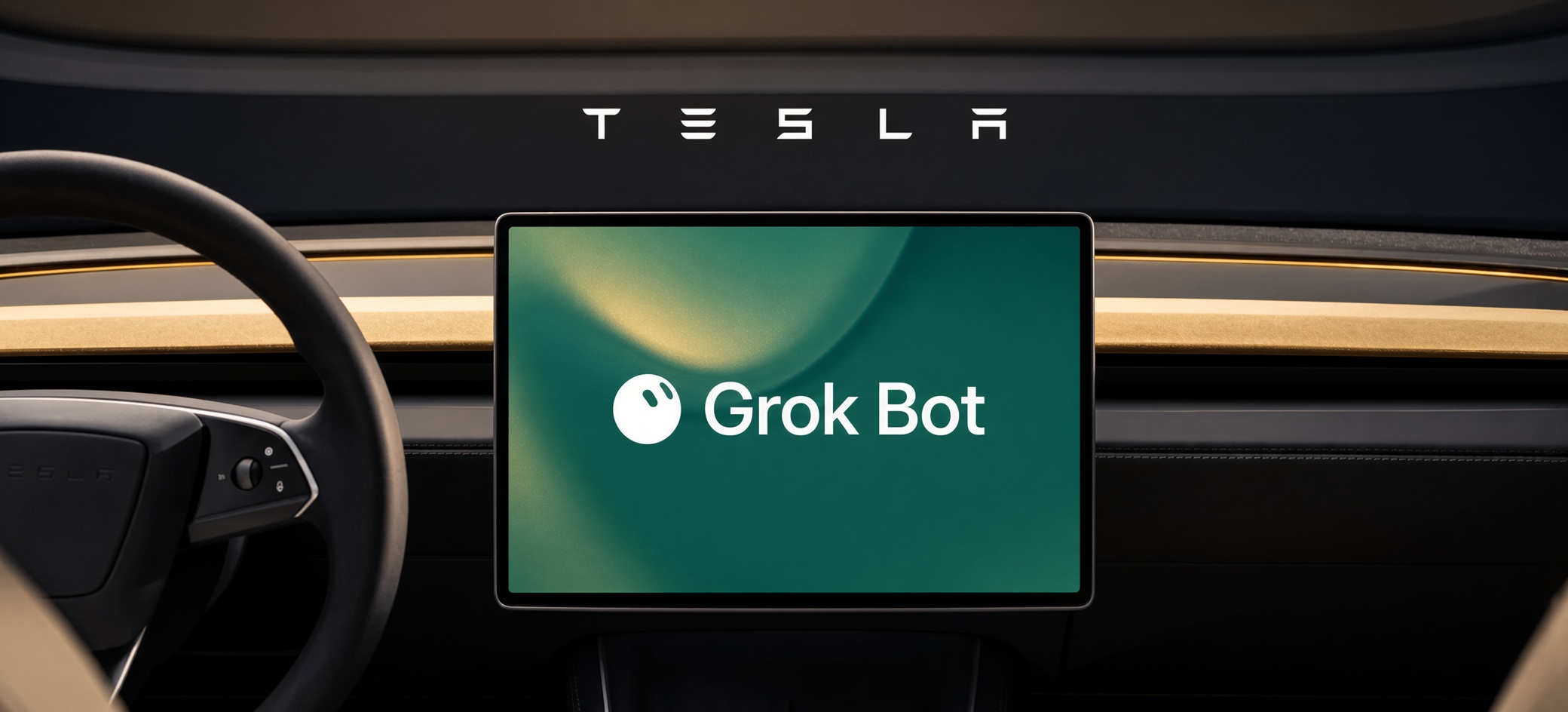Tesla dashboard touchscreen showing the Grok Bot logo