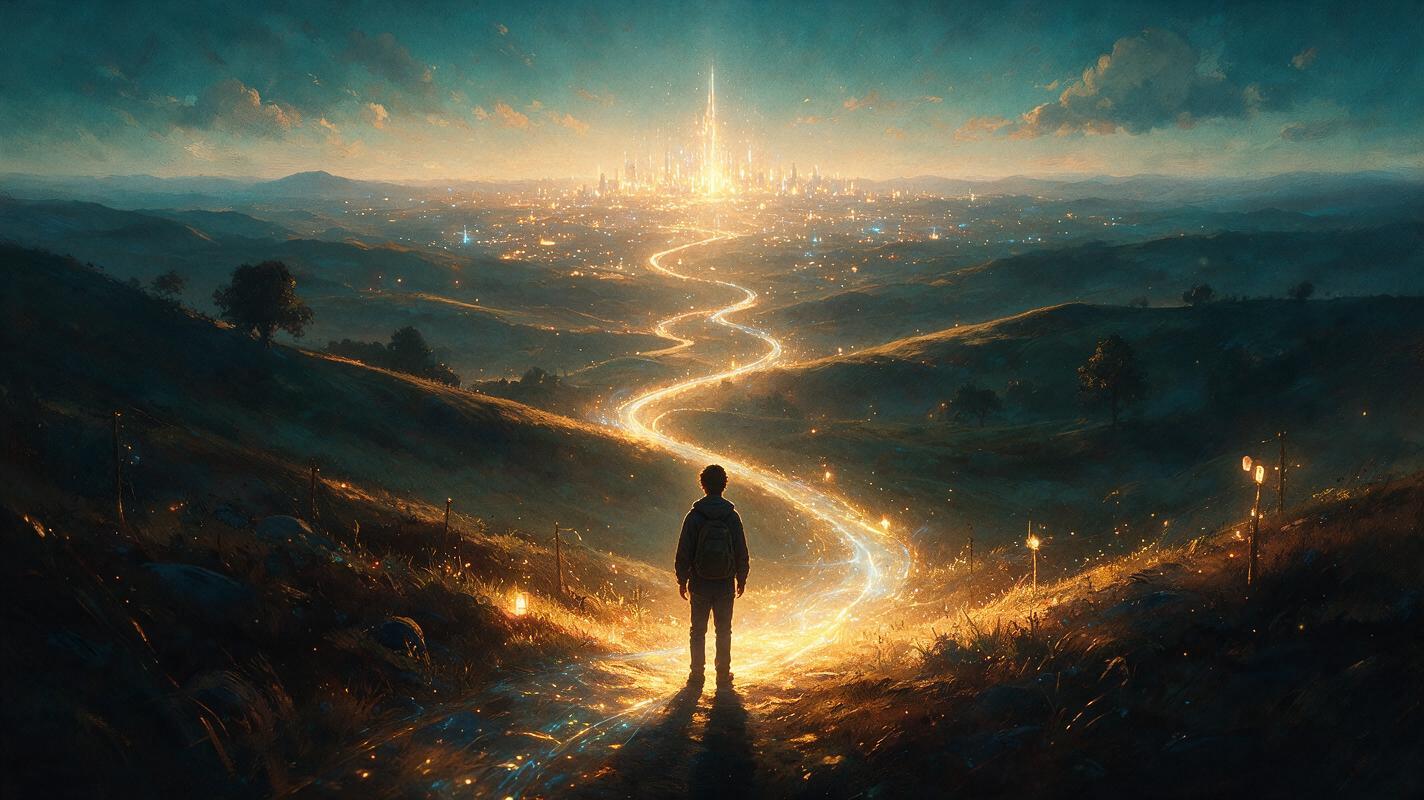 A beginner with a backpack at the start of a glowing winding path through hills toward a radiant city at dawn