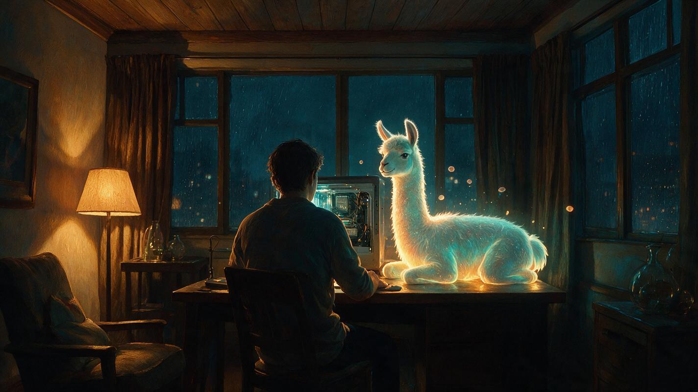 A person working at a home computer at night beside a friendly llama made of soft holographic light