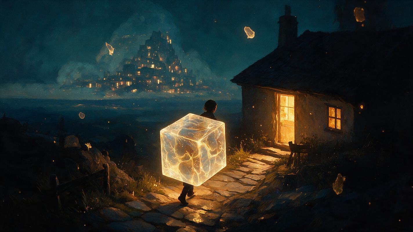 A person carrying a glowing cube of light down a stone path from a distant cloud city toward a warmly lit cottage at night