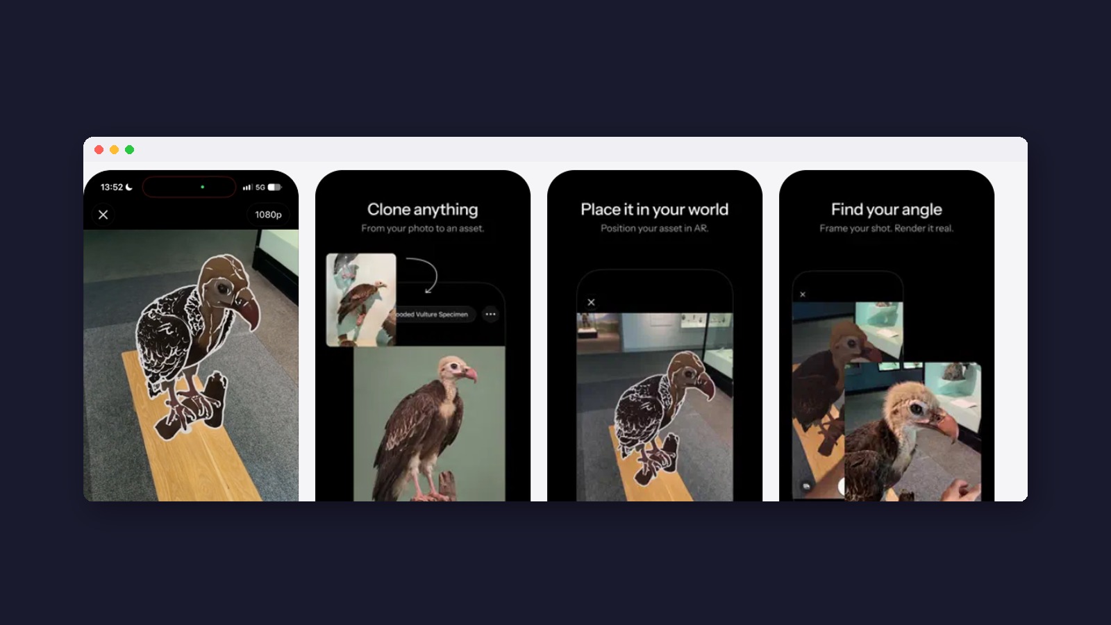 Four Simulon App Store screens showing a vulture character placed in a real room and framed through the iPhone camera